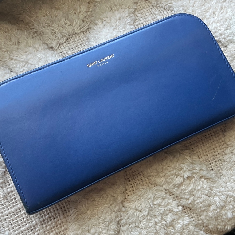 Saint Laurent Rive Gauche Leather Zip Around Wallet Blue